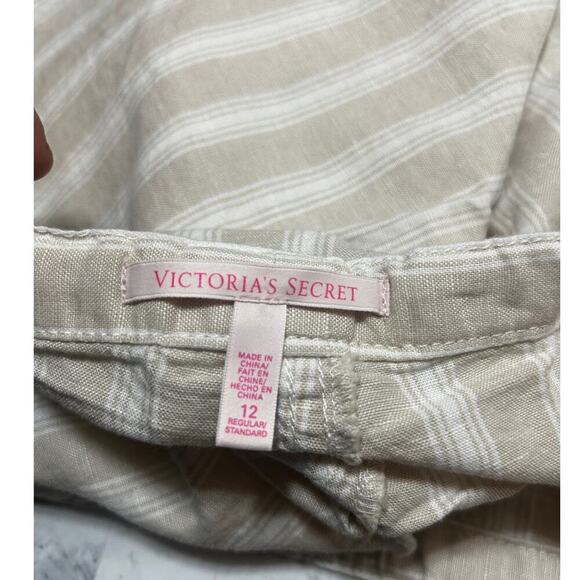 Victoria's Secret Stripe Pants 12 Tan Wide Leg Flax Cotton Coastal Lagenlook - Picture 6 of 7